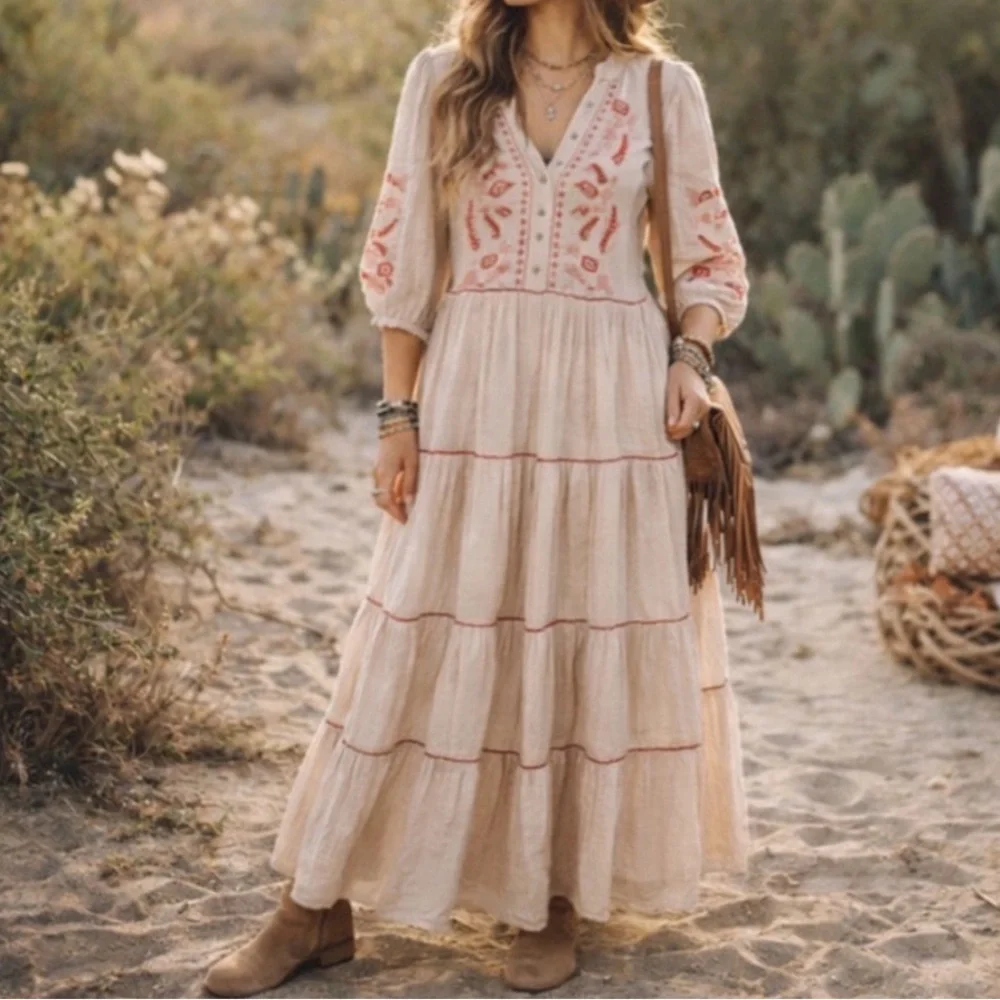 Fig + Flower Tan Midi Dress with Burgundy Pink Embroidery. Size Large. - Picture 1 of 16